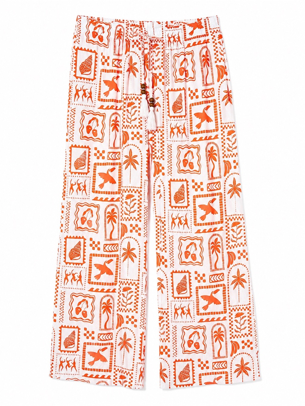 Salty Lemon Pants M Orange Stamp Print Palm Beach Cover Up Resort Bohemian Linen